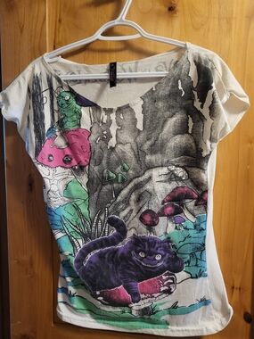 Whimsical Cheshire Cat Graphic Tee in White with Purple & Teal Accents